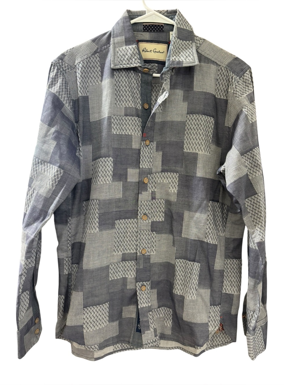 Robert Graham Men's Patchwork-Pattern Gray Button-Down Shirt Size Small
